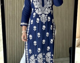 Hand Embroidered Soft Modal Kurti with Ghas Patti – Long straight – Chikankari Plus Sizes