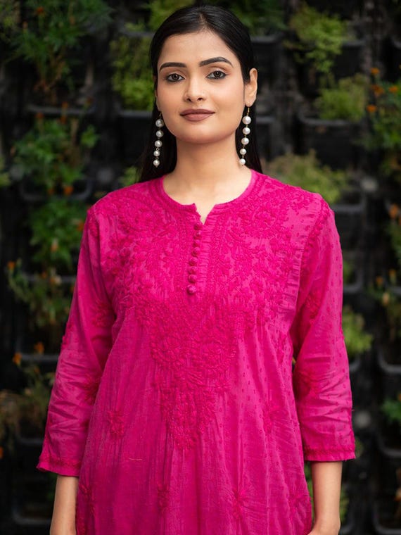Lucknowi Chikan Kurti Palazzo Set: Dobby Cotton Thread Embroidery