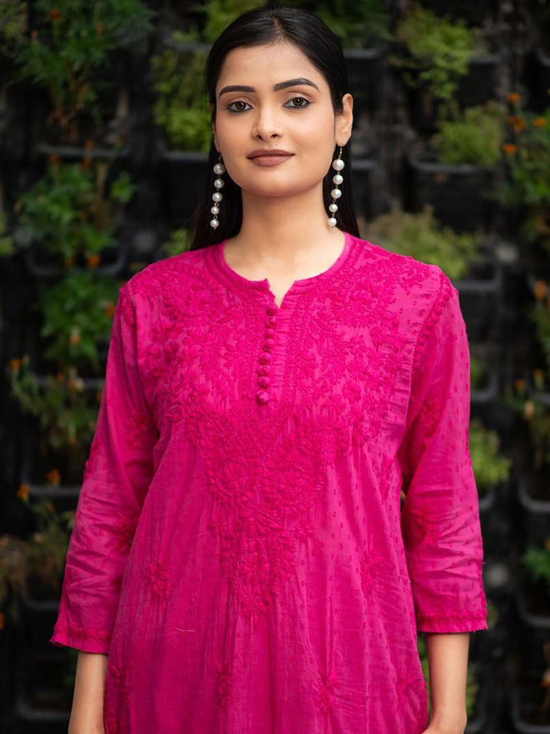 Lucknowi Chikan Kurti Palazzo Set: Dobby Cotton Thread Embroidery image 1