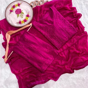 Rayón hecho a mano 3 piezas Kurti Palazzo Dupatta Set / Bordado Mukaish Chikankari