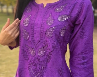 Chanderi Silk Kurti: Lucknowi Chikankari Embroidery, Muqesh Work
