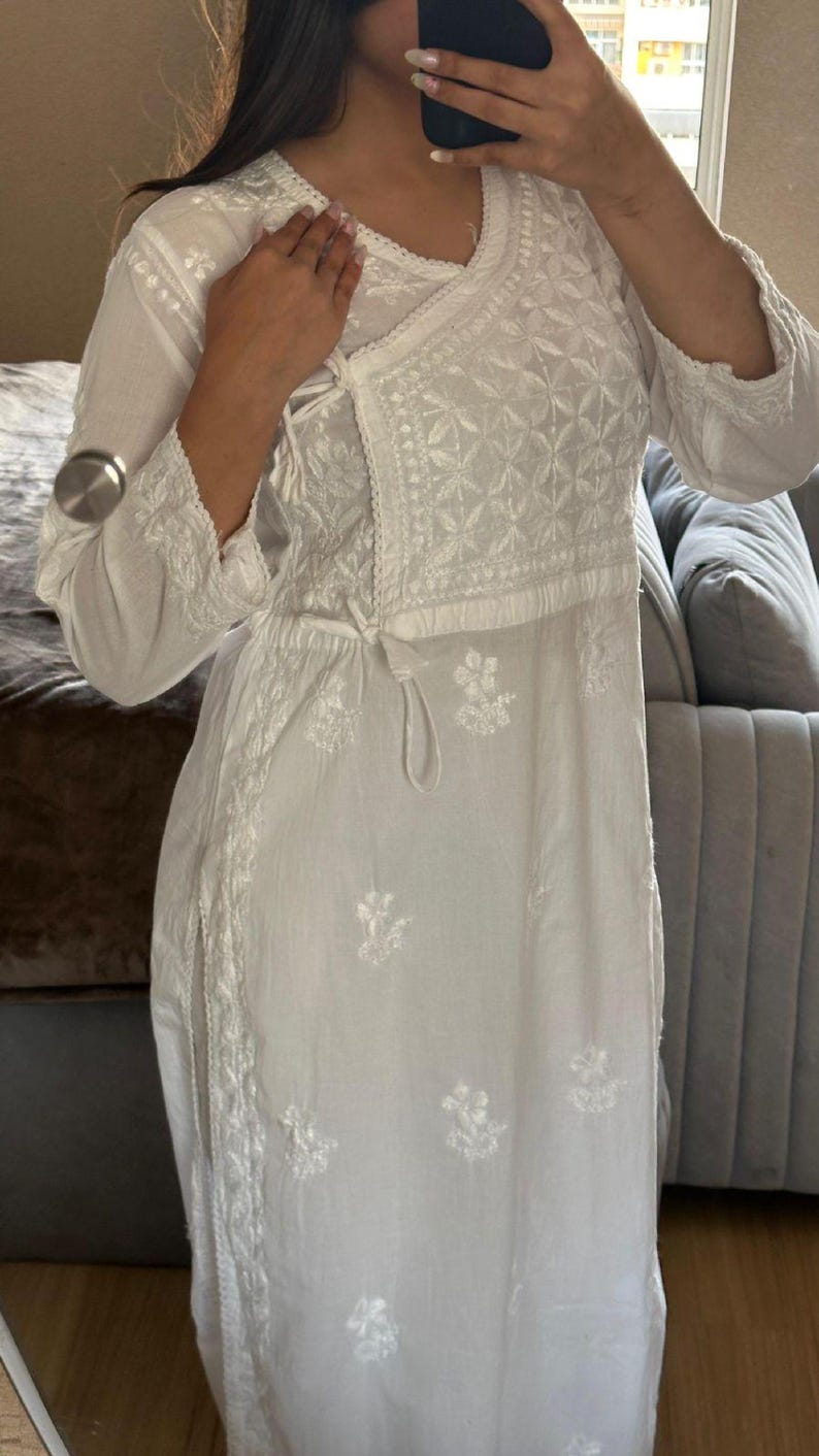 Handcrafted Chikankari Mul Cotton Angrakha Kurta with Modal Palazzo