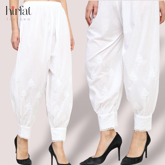 Ladies Chikankari Salwar In Afghani Style with Button Lace on Mohri_ White