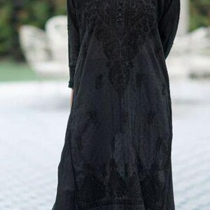 Lucknowi Chikan Kurti Palazzo Set: Dobby Cotton Thread Embroidery Black
