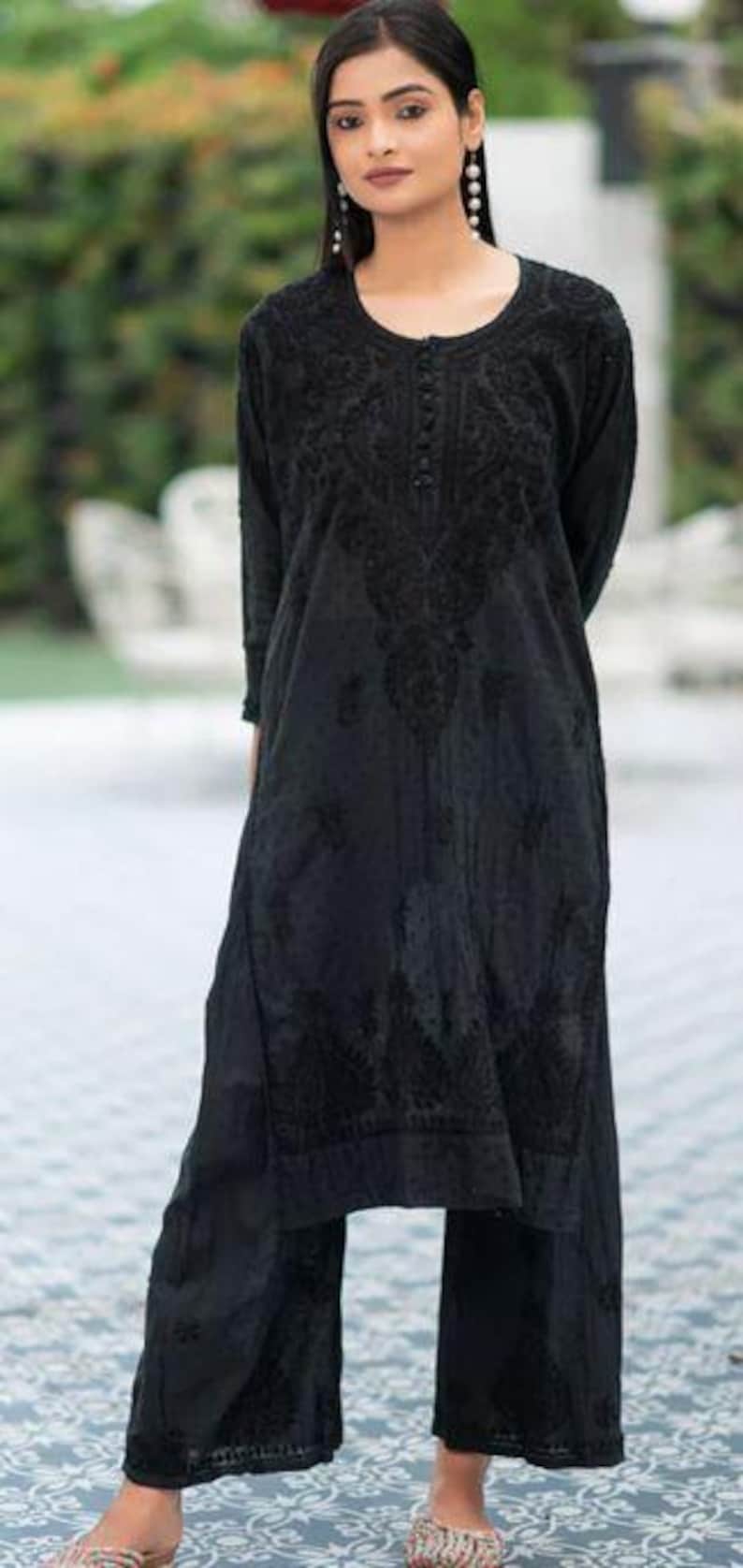 Lucknowi Chikan Kurti Palazzo Set: Dobby Cotton Thread Embroidery Black