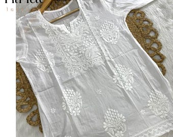 Top de túnica Kurti de algodón hecho a mano / Bordado Lucknowi Chikankari