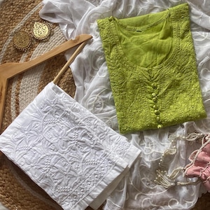 Handmade Chikankari Kurta Set: Dobby Cotton Kurti with Lycra Pants