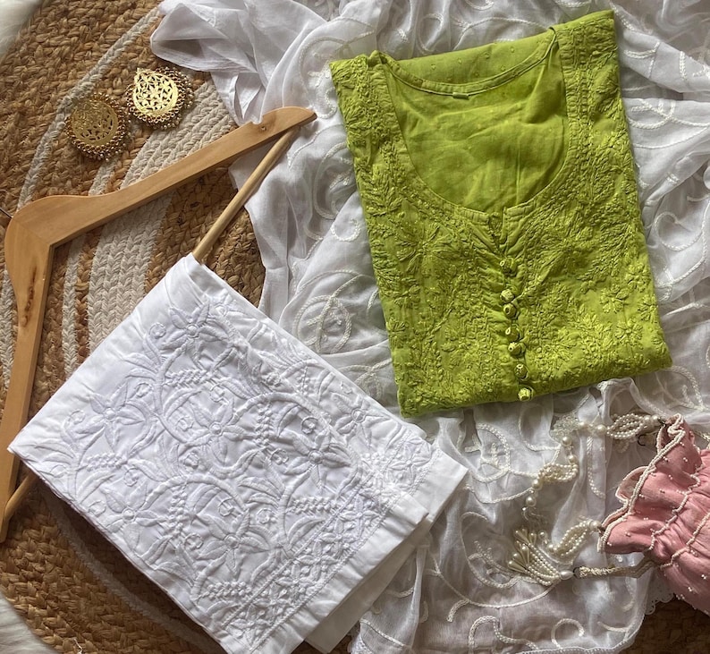 Handmade Chikankari Kurta Set: Dobby Cotton Kurti with Lycra Pants