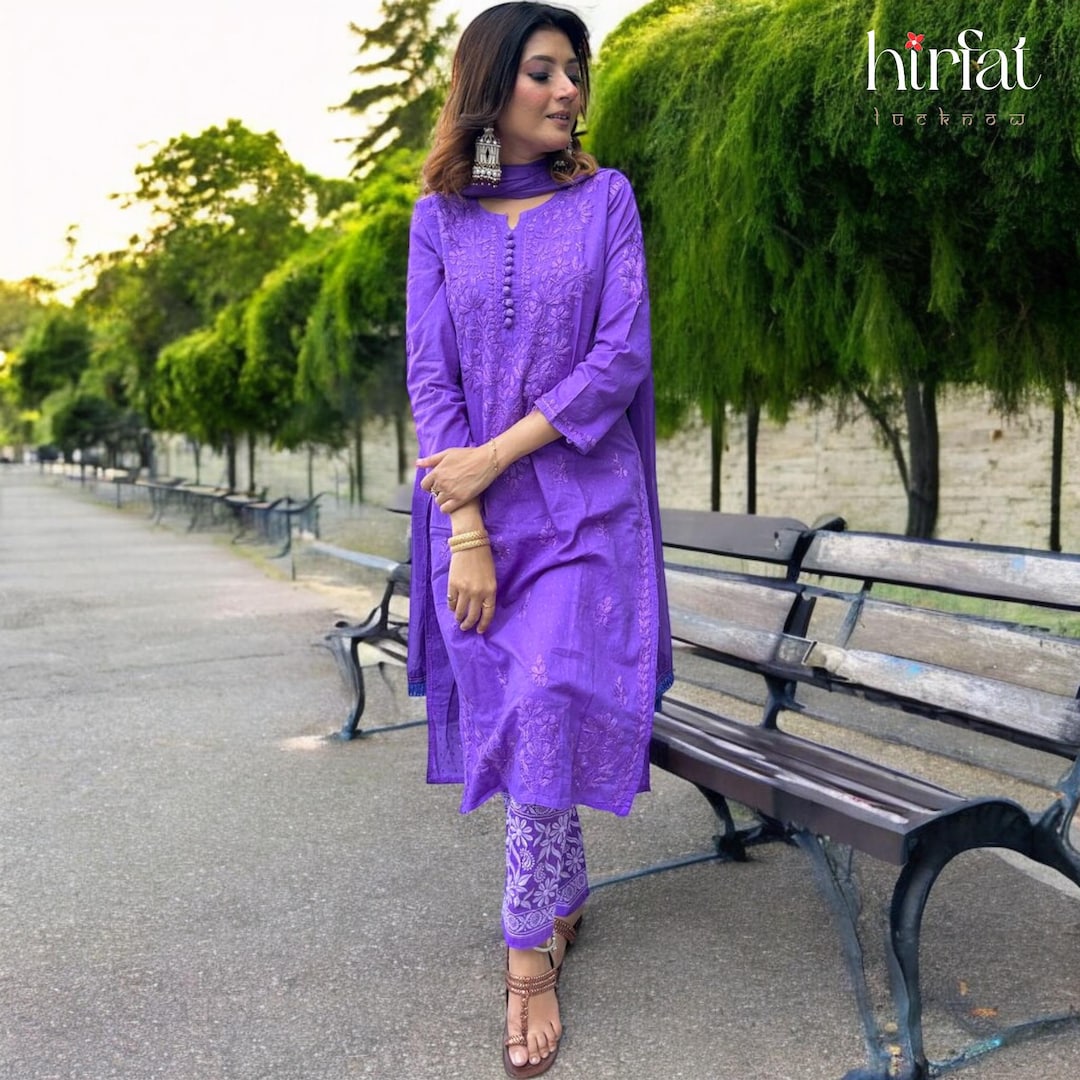 2-Pc Chikankari Set | Embroidered Kurti with Wide Flared Palazzo Trousers (Ghass Patti Work) main image 0
