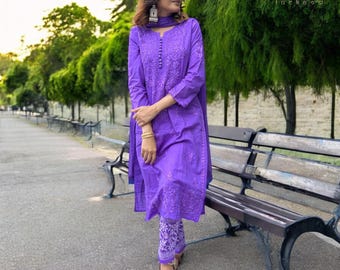 Conjunto de pantalones Chikankari Kurti hechos a mano: traje bordado de algodón Dobby