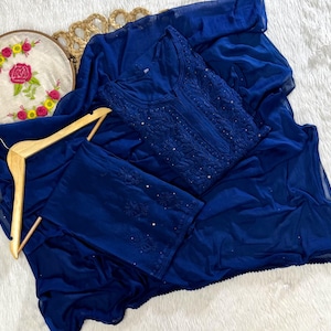Handgemaakte rayon 3-delige Kurti Palazzo Dupatta-set | Mukaish Chikankari-borduurwerk