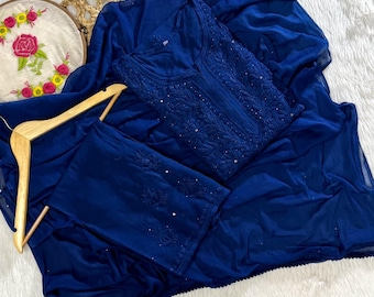 Handcrafted Rayon 3 Pieces Kurti Palazzo Dupatta Set | Mukaish Chikankari Embroidery