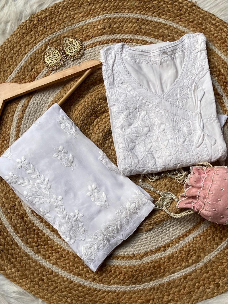 Handcrafted Chikankari Mul Cotton Angrakha Kurta with Modal Palazzo