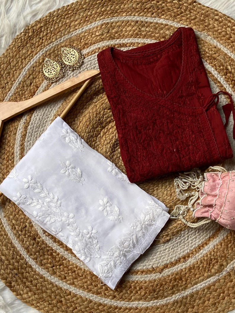 Handcrafted Chikankari Mul Cotton Angrakha Kurta with Modal Palazzo