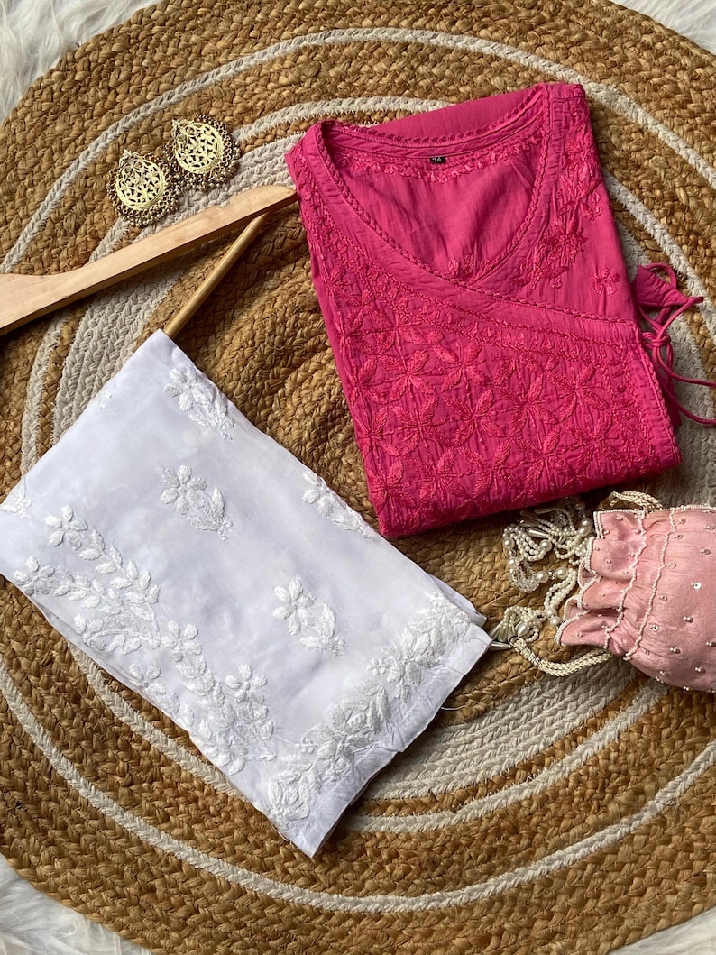 Handcrafted Chikankari Mul Cotton Angrakha Kurta with Modal Palazzo