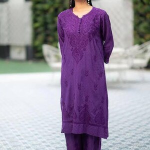 Lucknowi Chikan Kurti Palazzo Set: Dobby Cotton Thread Embroidery Dark Lavender