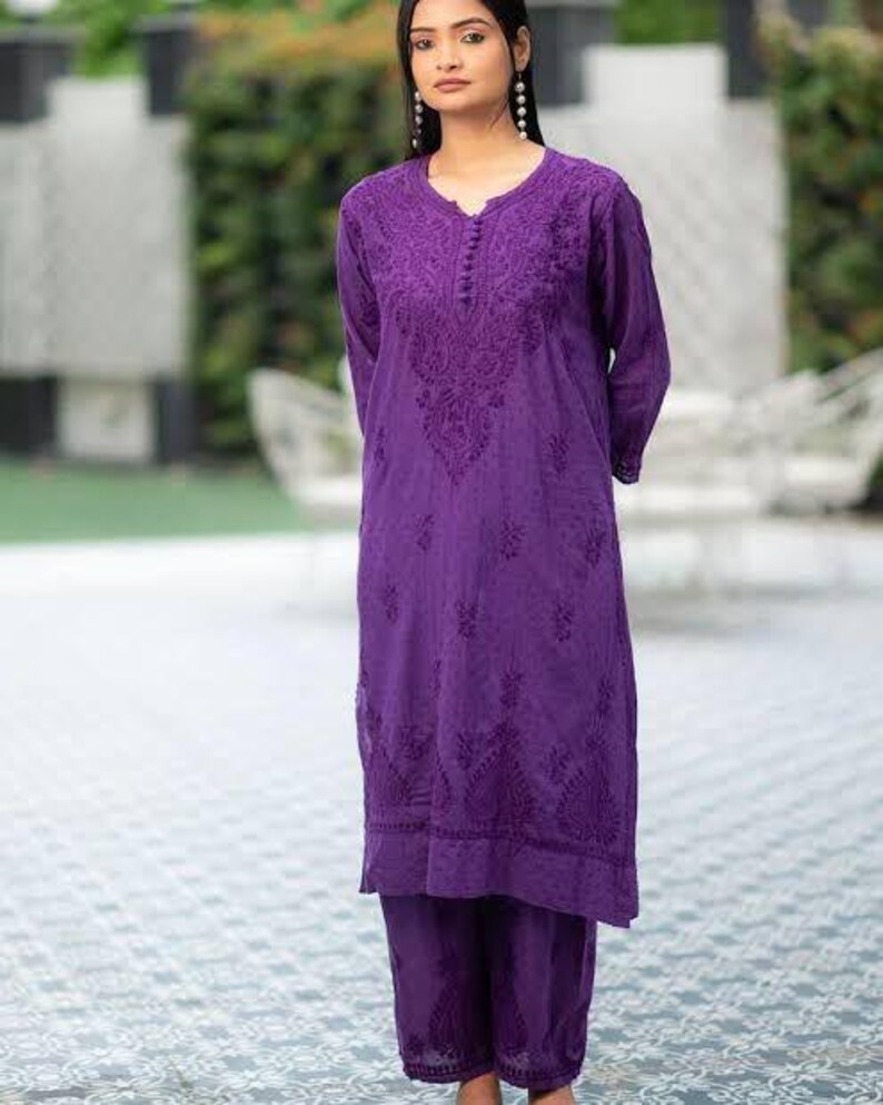 Lucknowi Chikan Kurti Palazzo Set: Dobby Cotton Thread Embroidery Dark Lavender