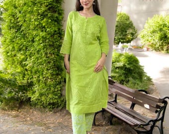 Olivgrün Chikankari Kurti Hose Set: Dobby Baumwolle Co-ord, große Größen