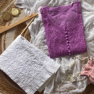 Handmade Chikankari Kurta Set: Dobby Cotton Kurti with Lycra Pants