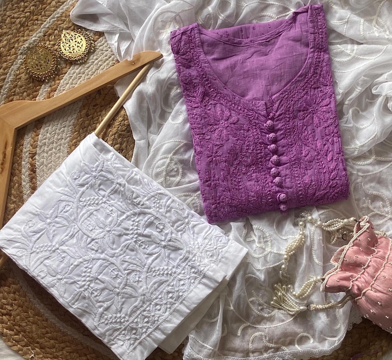 Handmade Chikankari Kurta Set: Dobby Cotton Kurti with Lycra Pants