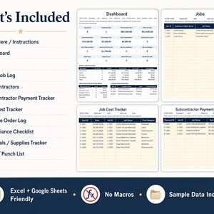 May include: A digital spreadsheet template with sections for a dashboard, jobs, and cost tracking. The image includes the text "What's Included" and lists features such as "Start Here/Instructions" and "Sample Data Included."