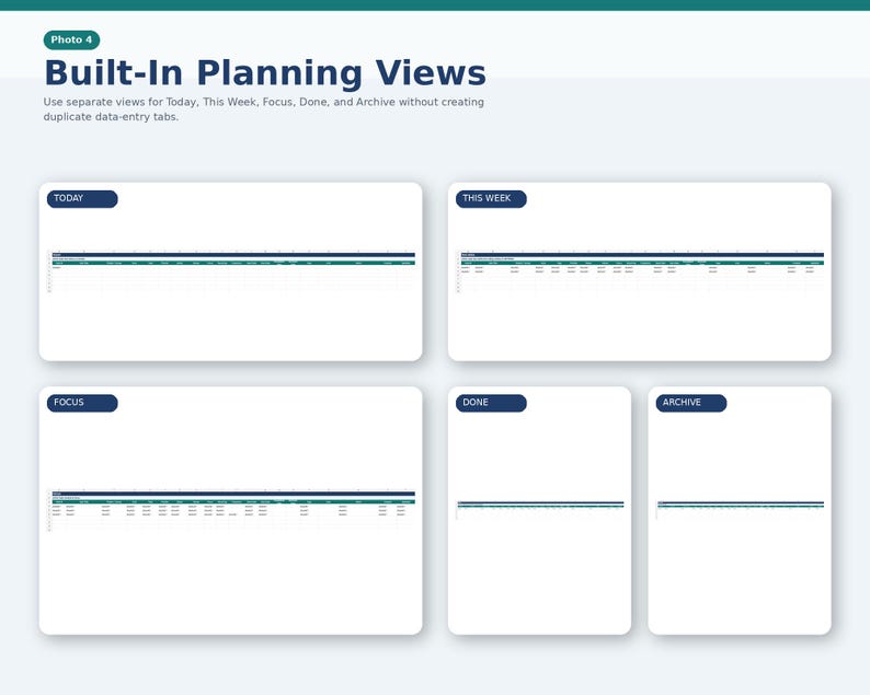 May include: A digital planning interface with the text "Built-In Planning Views." The image shows five different views: Today, This Week, Focus, Done, and Archive. Each view has a white background with a dark blue header and a grid-like structure.