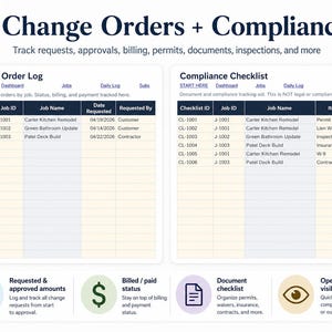May include: A digital document titled "Change Orders + Compliance" with tables for change order logs and compliance checklists. The document tracks requests, approvals, billing, permits, and more. Icons represent features like requested amounts and document checklists.