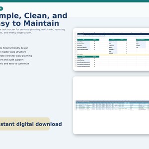 May include: A digital task tracker with the text "Simple, Clean, and Easy to Maintain." The image shows a spreadsheet with data and the words "Instant digital download."