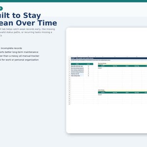 May include: A white background with the text "Built to Stay Clean Over Time." The image includes a spreadsheet with data and bullet points listing features like flagging incomplete records and supporting long-term maintenance.
