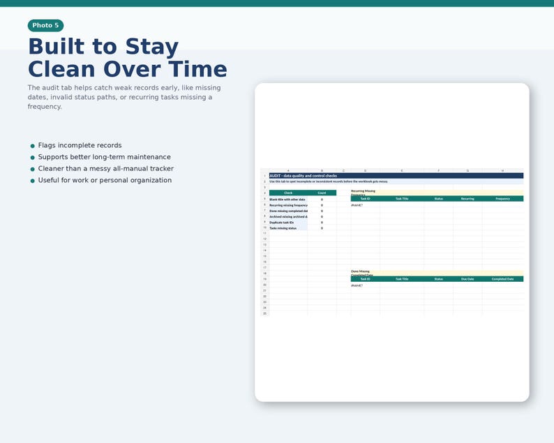 May include: A white background with the text "Built to Stay Clean Over Time." The image includes a spreadsheet with data and bullet points listing features like flagging incomplete records and supporting long-term maintenance.