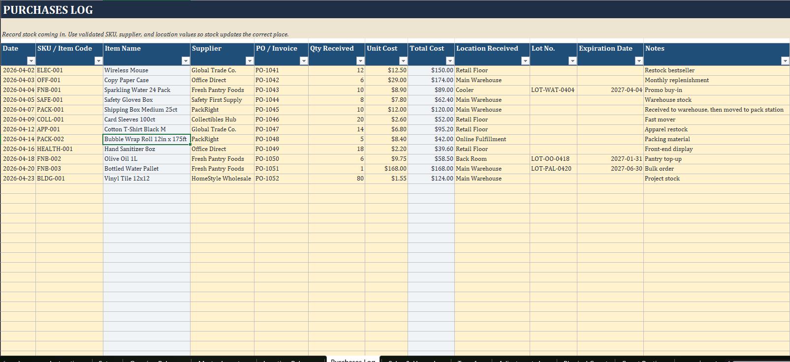 Universal Inventory Tracker Spreadsheet for Excel & Google Sheets ...