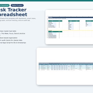May include: A digital product image of a Task Tracker Spreadsheet template. The spreadsheet includes a dashboard, smart views, and archive tracking. The text includes "Instant Download" and "Digital Product".