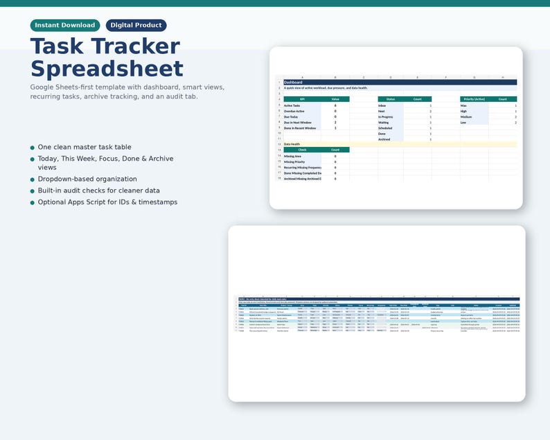 May include: A digital product image of a Task Tracker Spreadsheet template. The spreadsheet includes a dashboard, smart views, and archive tracking. The text includes "Instant Download" and "Digital Product".