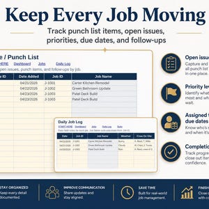 May include: A digital graphic with the text "Keep Every Job Moving" and a detailed job management system. The system includes features for tracking issues, due dates, and completion status. The design is in shades of blue and white.