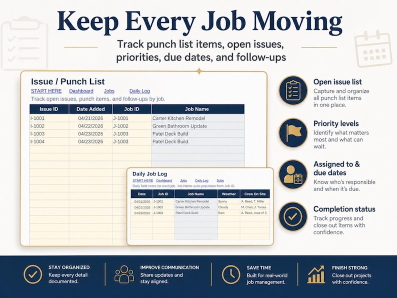 May include: A digital graphic with the text "Keep Every Job Moving" and a detailed job management system. The system includes features for tracking issues, due dates, and completion status. The design is in shades of blue and white.