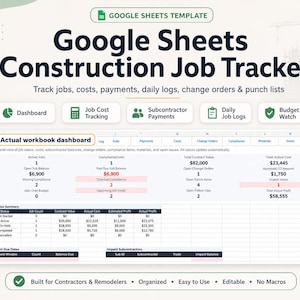 Może przedstawiać: Szablon Google Sheets do śledzenia prac budowlanych z pulpitem nawigacyjnym do monitorowania kosztów, płatności dla podwykonawców, dzienników robót i budżetu. Interfejs wyświetla podsumowania statusów zleceń oraz dane dotyczące zysków.