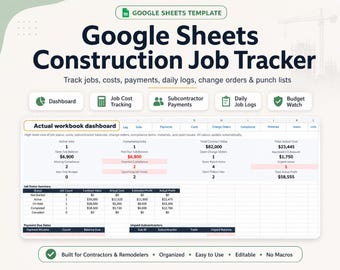 Construction Job Tracker Google Sheets Template | Contractor Budget, Payments, Change Orders