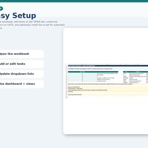 May include: A screenshot of a spreadsheet with the title "Task Tracker Template - Setup and Quick Start." The image includes numbered steps for easy setup: Open the workbook, add tasks, update dropdown lists, and use dashboard + views.