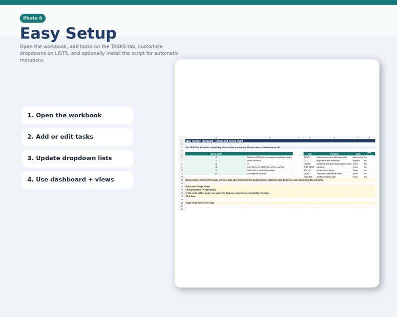 May include: A screenshot of a spreadsheet with the title "Task Tracker Template - Setup and Quick Start." The image includes numbered steps for easy setup: Open the workbook, add tasks, update dropdown lists, and use dashboard + views.