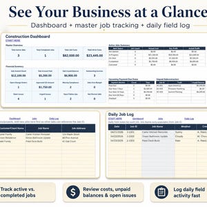 May include: A digital dashboard with the text "See Your Business at a Glance." The dashboard includes sections for job tracking, financial summaries, and a daily job log. The bottom features icons for tracking jobs, reviewing costs, and logging activity.