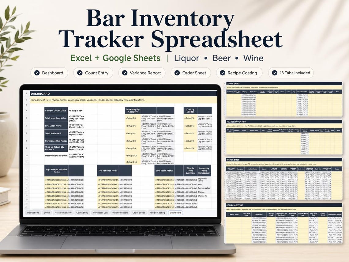 Bar Inventory Tracker Spreadsheet | Excel + Google Sheets | Liquor Beer ...