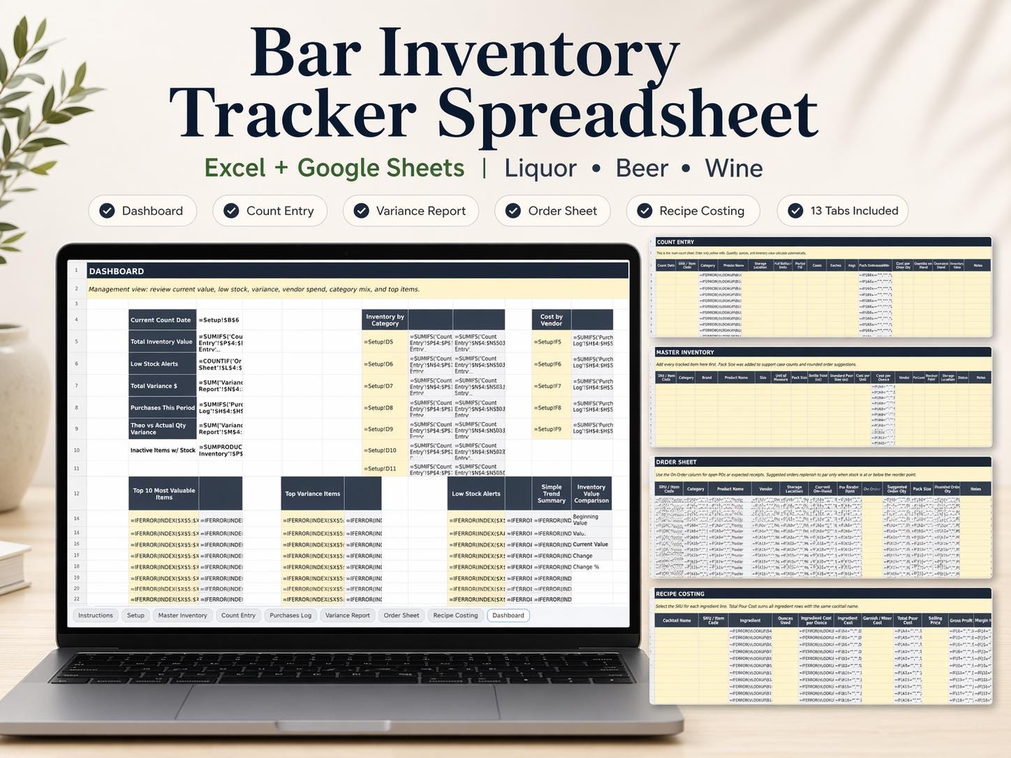 Bar Inventory Tracker Spreadsheet | Excel + Google Sheets | Liquor Beer ...