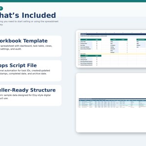 May include: A digital product overview with the title "What's Included". The image shows a spreadsheet template, an Apps Script file, and a seller-ready structure. The text describes the features of the digital product, including a workbook template, automation, and a sample data structure.