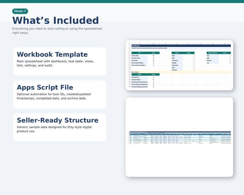 May include: A digital product overview with the title "What's Included". The image shows a spreadsheet template, an Apps Script file, and a seller-ready structure. The text describes the features of the digital product, including a workbook template, automation, and a sample data structure.