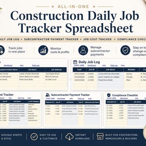 May include: A Construction Daily Job Tracker Spreadsheet with sections for job logs, subcontractor payments, job costs, and compliance checklists. The spreadsheet is designed for contractors, remodelers, and builders. The text includes "Google Sheets & Excel" and "Instant Download."