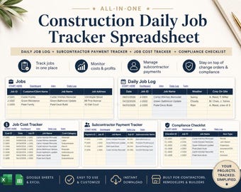 Construction Job Tracker Spreadsheet | Daily Log, Cost, Payment, Compliance (Excel, Google Sheets)