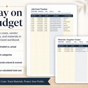 May include: A digital workbook titled "Stay on Budget" with a "Job Cost Tracker" and "Materials / Supplies Tracker" is displayed. The workbook tracks job costs, vendor expenses, and materials. The design is white with navy blue accents and includes the text "Control Costs. Track Materials. Protect Your Profits."