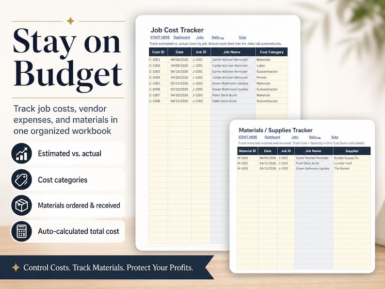May include: A digital workbook titled "Stay on Budget" with a "Job Cost Tracker" and "Materials / Supplies Tracker" is displayed. The workbook tracks job costs, vendor expenses, and materials. The design is white with navy blue accents and includes the text "Control Costs. Track Materials. Protect Your Profits."