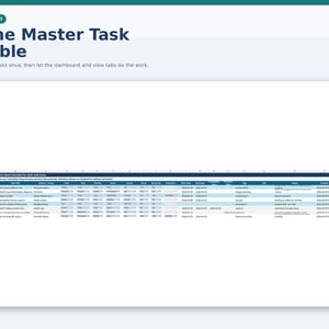 May include: A digital spreadsheet titled "One Master Task Table" with rows and columns of data. The text "Enter tasks once, then let the dashboard and view tabs do the work" is above the spreadsheet.