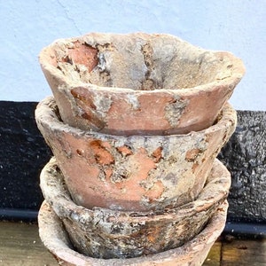 Antieke Franse 19e-eeuwse harspotten, terracotta bloemen penselen decor teruggewonnen sappotten - deze aanbieding is voor 1 pot
